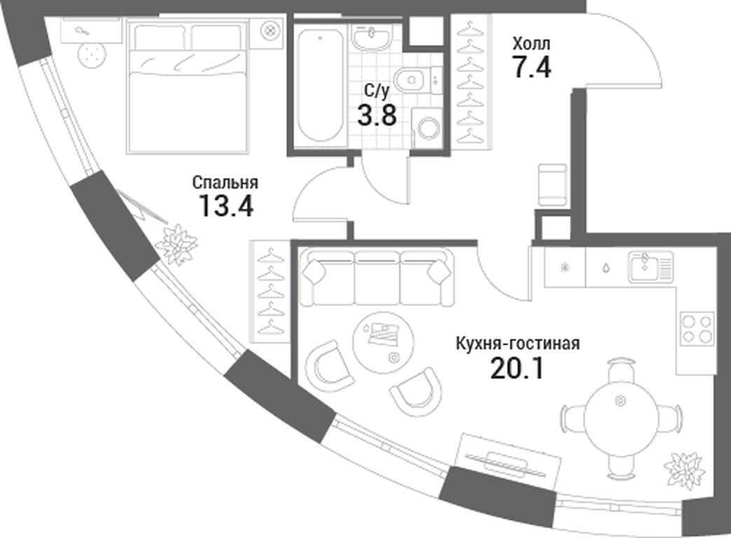 1-BD Apartment Sale, 44.7 sq. m. at Nagatino i-Land, Andropova Avenue, 18с4, Moscow, Russia #1 1-BD Apartment Sale, 44.7 sq. m. at Nagatino i-Land, Andropova Avenue, 18с4, Moscow, Russia #1