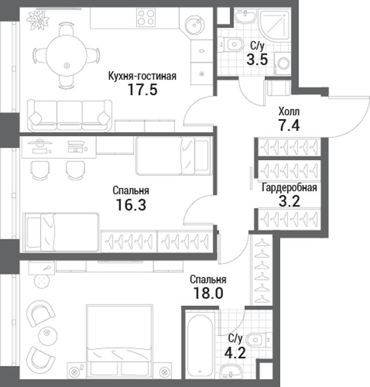 2-BD Apartment Sale, 70.1 sq. m. at Nagatino i-Land, Andropova Avenue, 18с4, Moscow, Russia #1 2-BD Apartment Sale, 70.1 sq. m. at Nagatino i-Land, Andropova Avenue, 18с4, Moscow, Russia #1