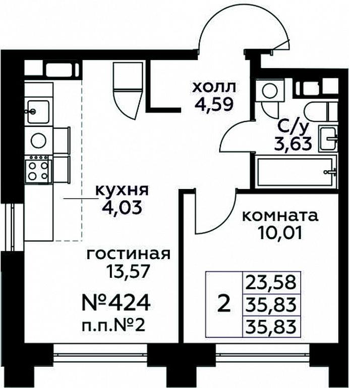 1-BD Apartment Sale, 35.83 sq. m. at Kvartal Rumyantsevo, ulitsa Admirala Kornilova, с1, Mosrentgen Settlement, Moscow, Russia #1