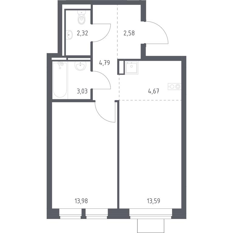 Apartment Sale, 44.96平方米 at Bogdanovskiy Les, derevnya Bogdanikha, Leninskiy City District, Moscow Region, Russia #1