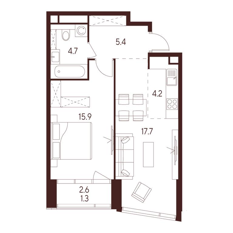 1-BD Apartment Sale, 49.2 sq. m. at INDY TOWERS (Indi Tauerz), Kuusinen Street, Moscow, Russia #1