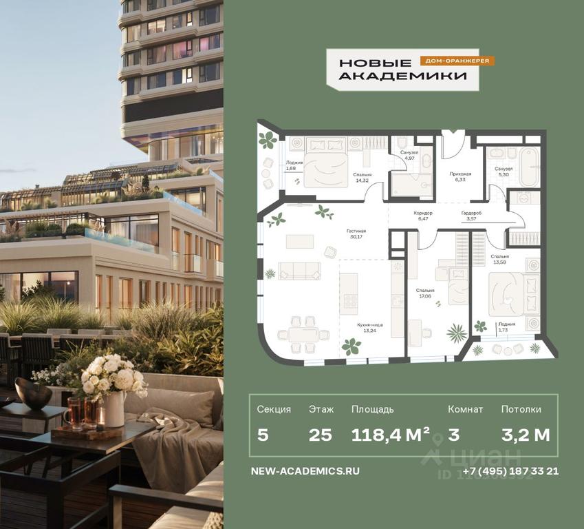 2-BD Apartment Sale, 118.42平方米 at Novye Akademiki. Dom-oranzhereya, Krzhizhanovskogo Street, Moscow, Russia #1