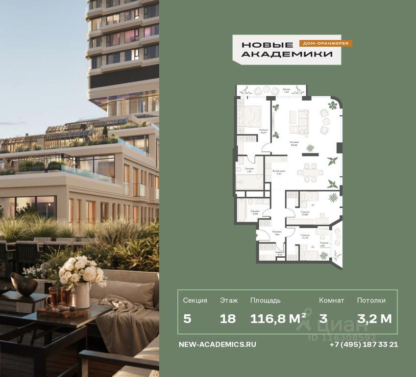 2-BD Apartment Sale, 116.84 sq. m. at Novye Akademiki. Dom-oranzhereya, Krzhizhanovskogo Street, Moscow, Russia #1