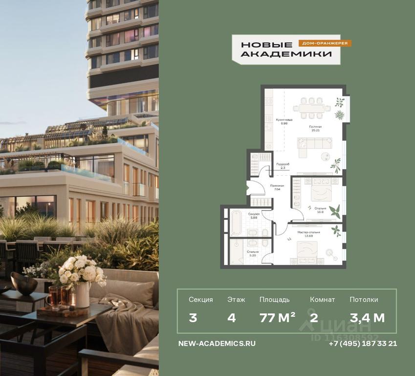 1-BD Apartment Sale, 77.01平方米 at Novye Akademiki. Dom-oranzhereya, Krzhizhanovskogo Street, Moscow, Russia #1