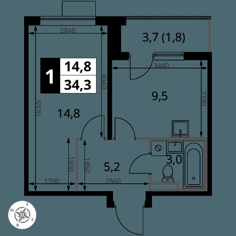 1-BD Apartment Sale, 34.3 sq. m. at Pervy Donskoj, zhiloy mikrorayon Sapronovo, derevnya Sapronovo, Leninskiy City District, Moscow Region, Russia #2