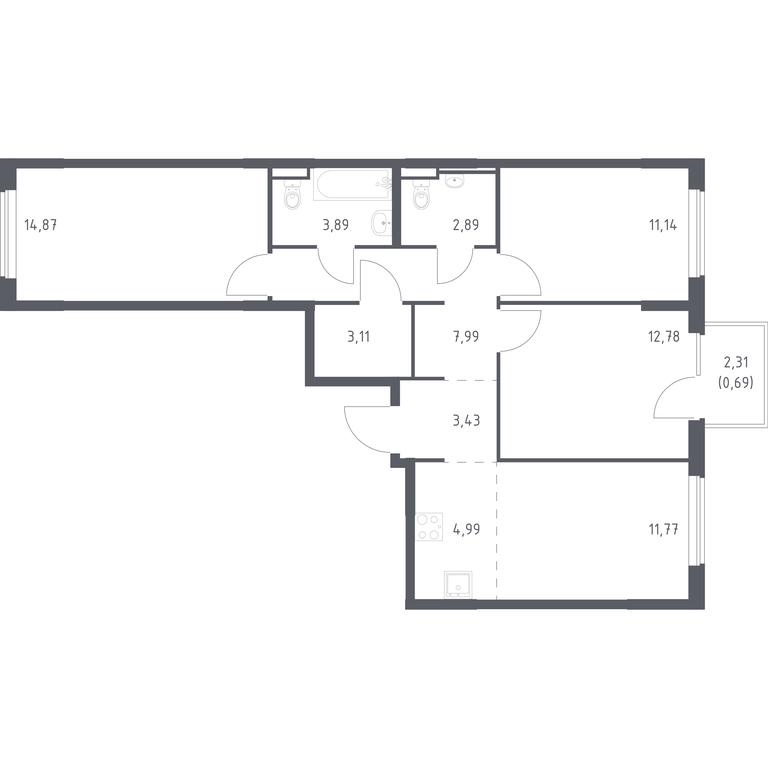 2-BD Apartment Sale, 77.55平方米 at Mytishchi Park, Silikatnaya ulitsa, 41к3, Mytischi, Moscow Region, Russia #1