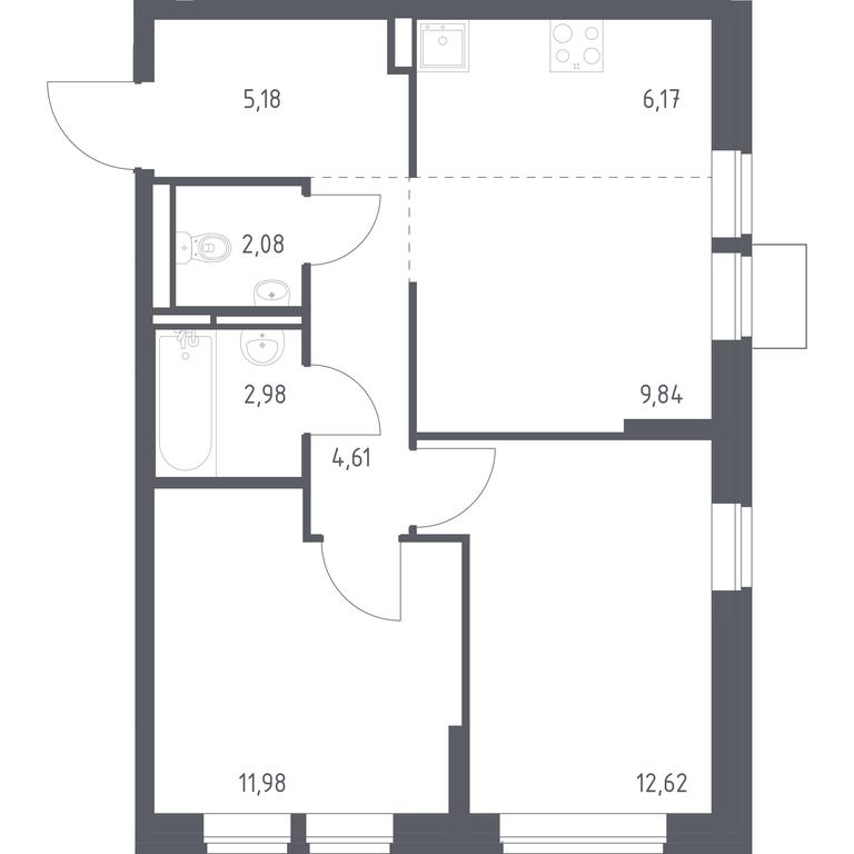 1-BD Apartment Sale, 55.46 sq. m. at Bogdanovskiy Les, derevnya Bogdanikha, Leninskiy City District, Moscow Region, Russia #1