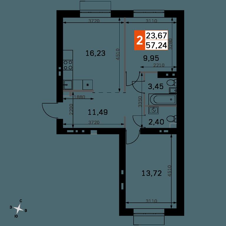 2-BD Apartment Sale, 57.24平方米 at Zhavoronki Club, zhiloy kompleks Akkord Smart-kvartal, Mitkino Village, Odintsovskiy City District, Moscow Region, Russia #2