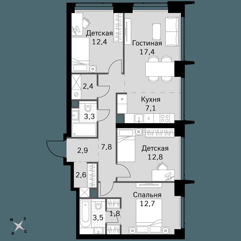 4-BD Apartment Sale, 86.7平方米 at Amber City, 3rd Khoroshyovsky Drive, 3А, Moscow, Russia #1