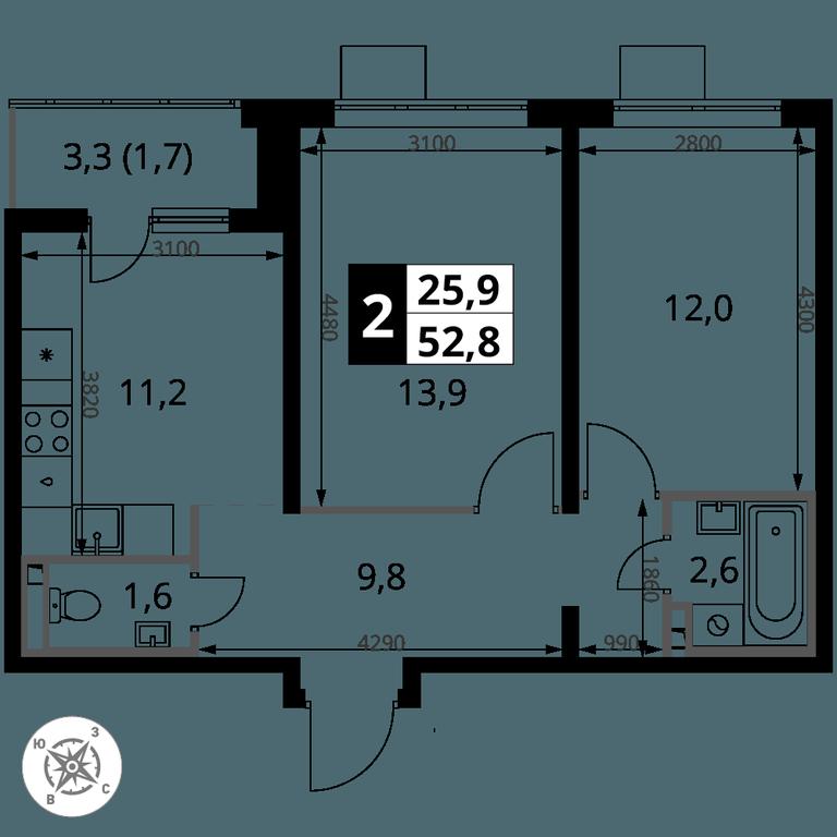 2-BD Apartment Sale, 52.8 sq. m. at Pervy Donskoj, zhiloy mikrorayon Sapronovo, derevnya Sapronovo, Leninskiy City District, Moscow Region, Russia #2