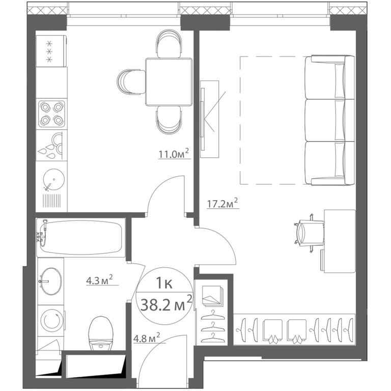 Apartment Sale, 38.2平方米 at Eko Vidnoe 2.0, kvartal Tsentralny, 1, Kupelinka Subdistrict, derevnya Sapronovo, Leninskiy City District, Moscow Region, Russia #1