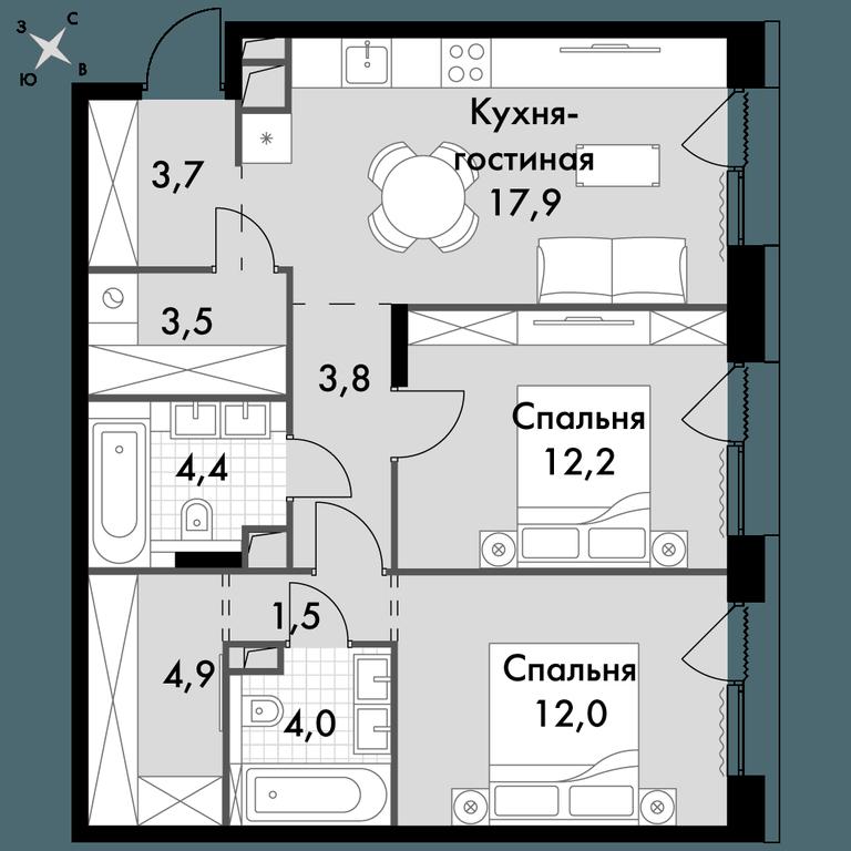2-BD Apartment Sale, 67.9平方米 at The Lake, Snezhnaya Street, 22, Moscow, Russia #1