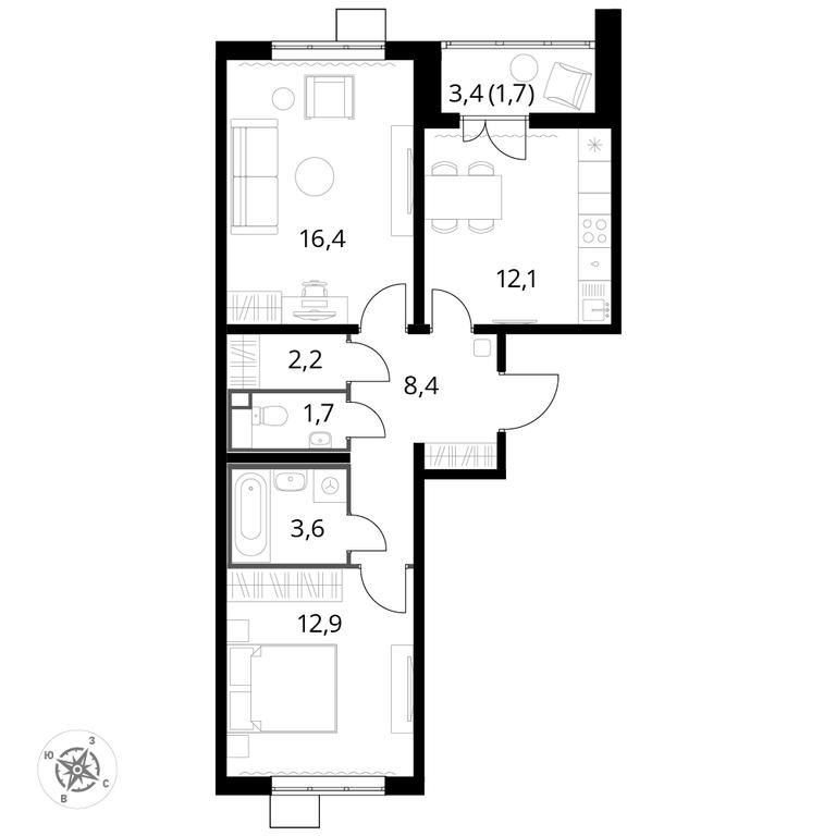 2-BD Apartment Sale, 59.2 sq. m. at Pervyi Lermontovskiy, zhiloy kompleks 1-y Lermontovskiy, Lyubertsy, Moscow Region, Russia #1