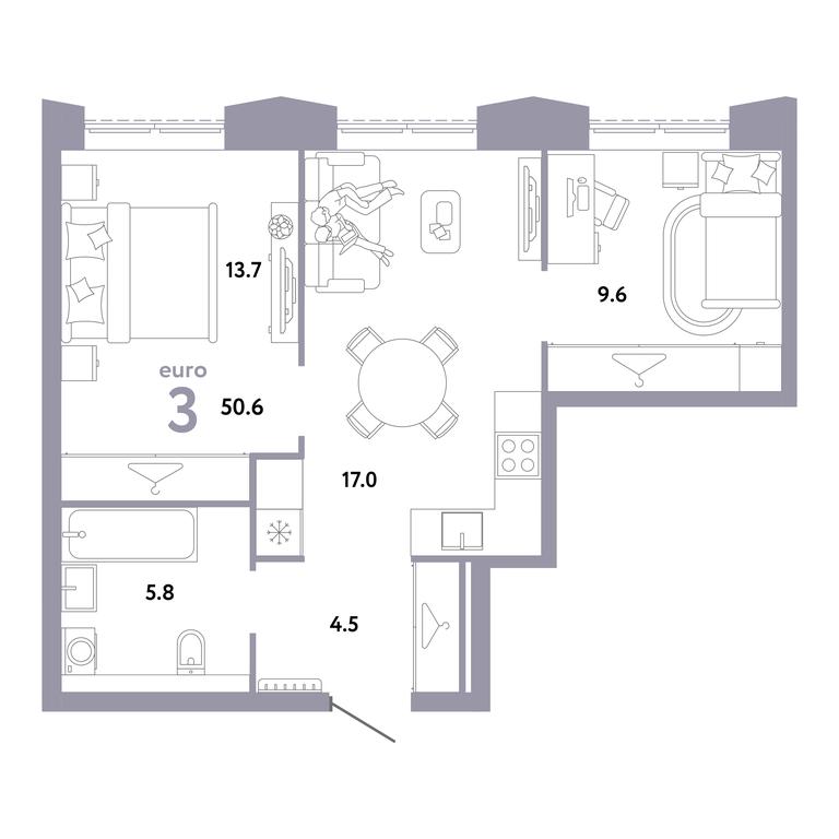 2-BD Apartment Sale, 50.6 sq. m. at Strana.Zarechnaja, Ilovayskaya Street, Moscow, Russia #1