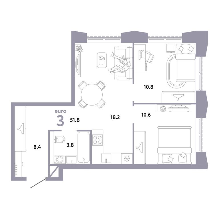 2-BD Apartment Sale, 51.8 sq. m. at Strana.Zarechnaja, Ilovayskaya Street, Moscow, Russia #1