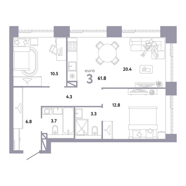 2-BD Apartment Sale, 61.8 sq. m. at Strana.Zarechnaja, Ilovayskaya Street, Moscow, Russia #1