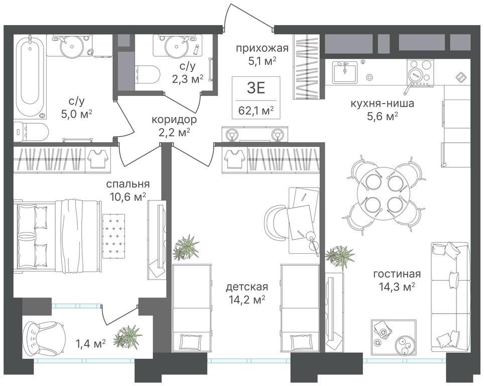2-BD Apartment Sale, 60.7 sq. m. at Mikhalkovskiy, Mikhalkovskaya Street, 48, Moscow, Russia #1