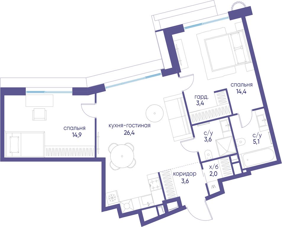 2-BD Apartment Sale, 73.4 sq. m. at Ostrov, Nizhnye Mnyovniki Street, 37Ас4, Moscow, Russia #1