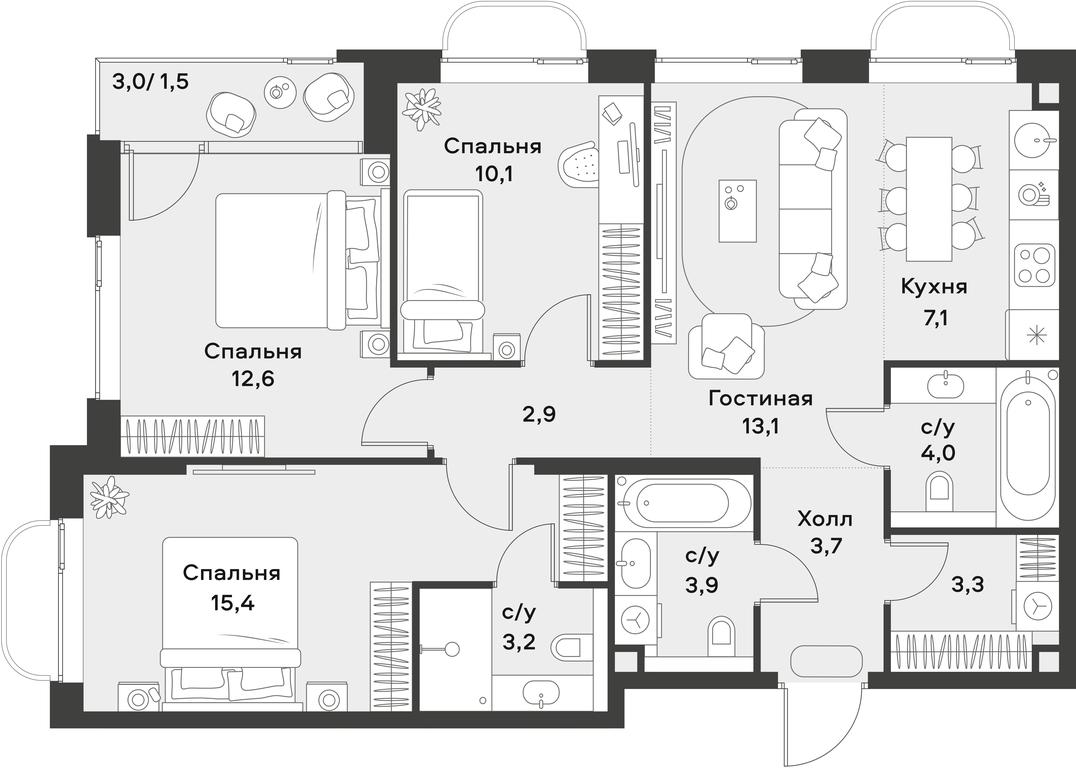 2-BD Apartment Sale, 80.8平方米 at Alia, Lyotnaya Street, 95Бк2, Moscow, Russia #2