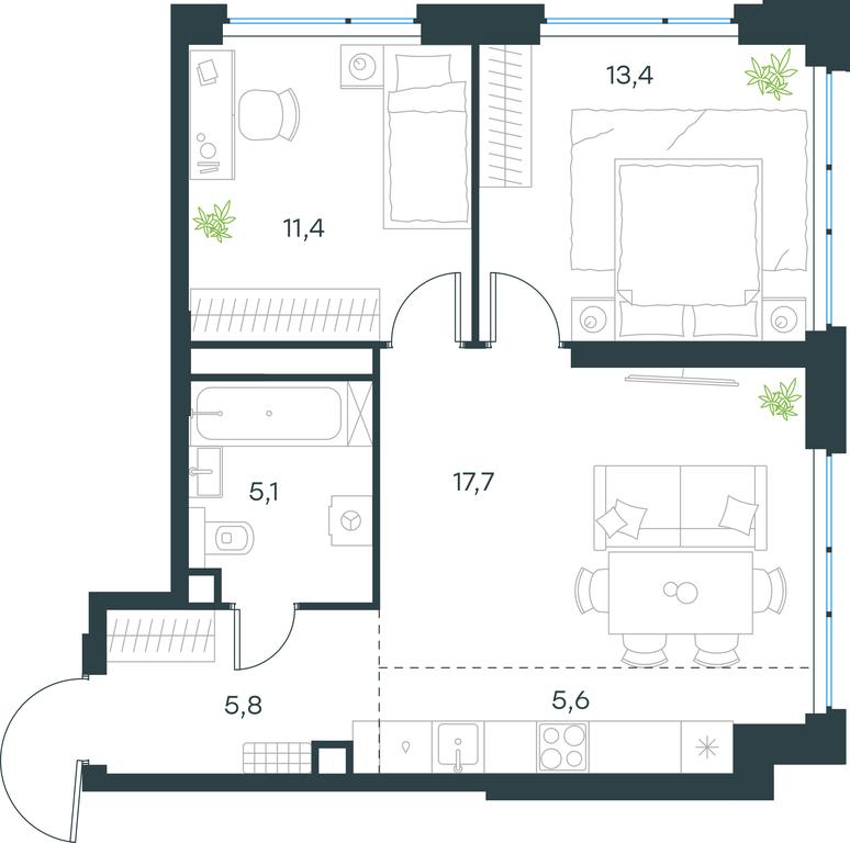 2-BD Apartment Sale, 59平方米 at Level Michurinskiy, Озёрная улица, вл1, Москва, Россия #1