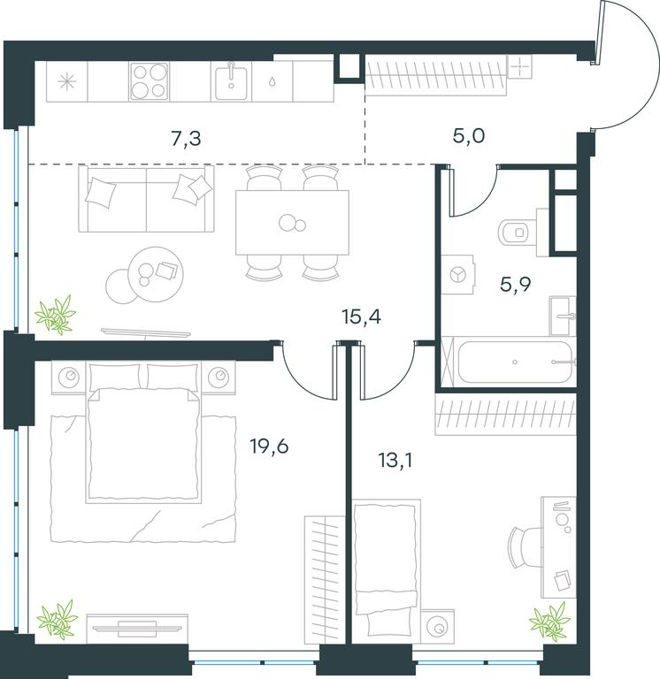 2-BD Apartment Sale, 66.3平方米 at Level Michurinskiy, Озёрная улица, вл1, Москва, Россия #1