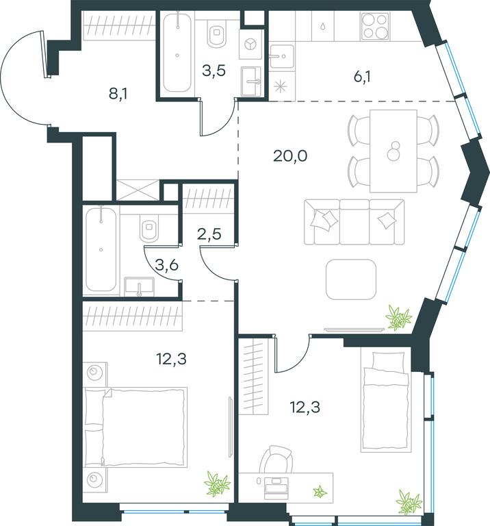 2-BD Apartment Sale, 68.3平方米 at Level Michurinskiy, Озёрная улица, вл1, Москва, Россия #1