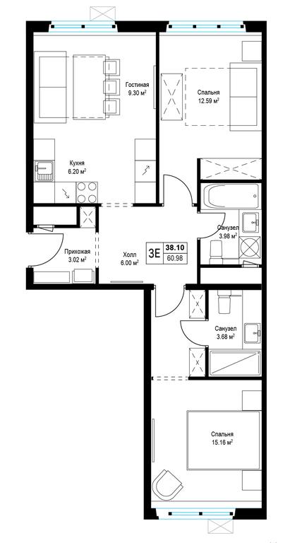 2-BD Apartment Sale, 60.8平方米 at Eko Vidnoe 2.0, kvartal Tsentralny, 1, Kupelinka Subdistrict, derevnya Sapronovo, Leninskiy City District, Moscow Region, Russia #1 2-BD Apartment Sale, 60.8平方米 at Eko Vidnoe 2.0, kvartal Tsentralny, 1, Kupelinka Subdistrict, derevnya Sapronovo, Leninskiy City District, Moscow Region, Russia #1