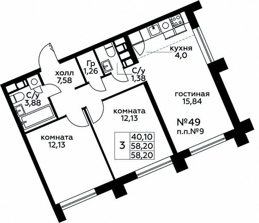 2-BD Apartment Sale, 58.2 sq. m. at Kvartal Rumyantsevo, ulitsa Admirala Kornilova, с1, Mosrentgen Settlement, Moscow, Russia #1 2-BD Apartment Sale, 58.2 sq. m. at Kvartal Rumyantsevo, ulitsa Admirala Kornilova, с1, Mosrentgen Settlement, Moscow, Russia #1
