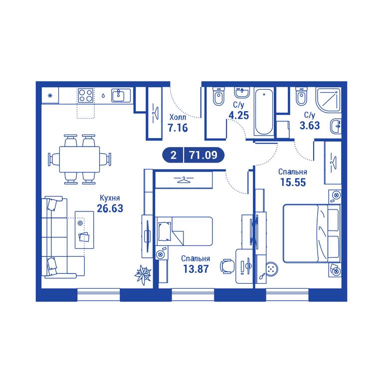 1-BD Apartment Sale, 71.1平方米 at iLove, улица Бочкова, 11А, Москва, Россия #2