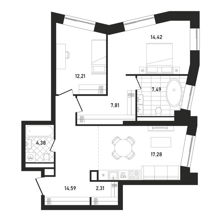 2-BD Apartment Sale, 80.49平方米 at Republic, Presnensky Val Street, 27с1, Moscow, Russia #1