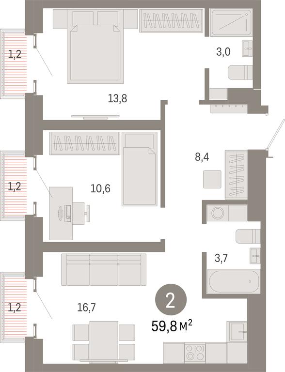 2-BD Apartment Sale, 59.8 sq. m. at Kvartal Metronom, Tagilskaya Street, Moscow, Russia #1