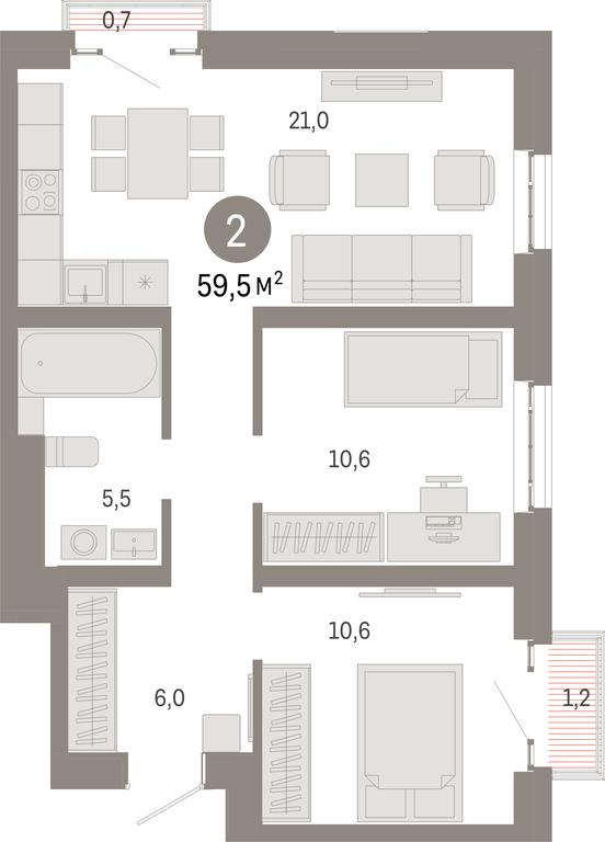 2-BD Apartment Sale, 59.5 sq. m. at Kvartal Metronom, Tagilskaya Street, Moscow, Russia #1