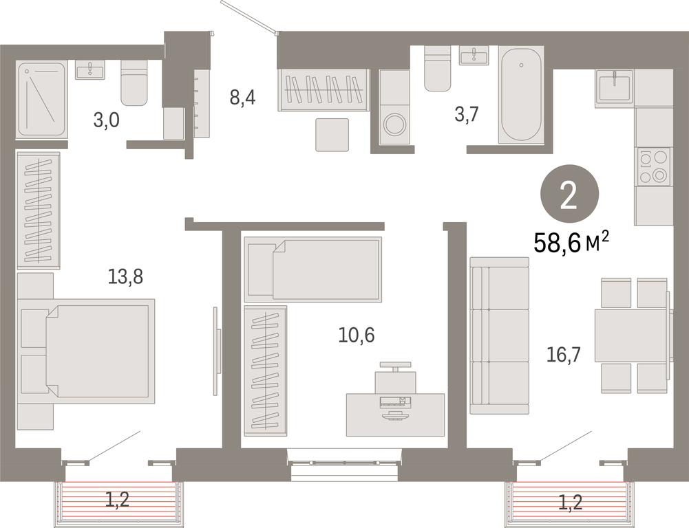 2-BD Apartment Sale, 58.6平方米 at Kvartal Metronom, Tagilskaya Street, Moscow, Russia #1