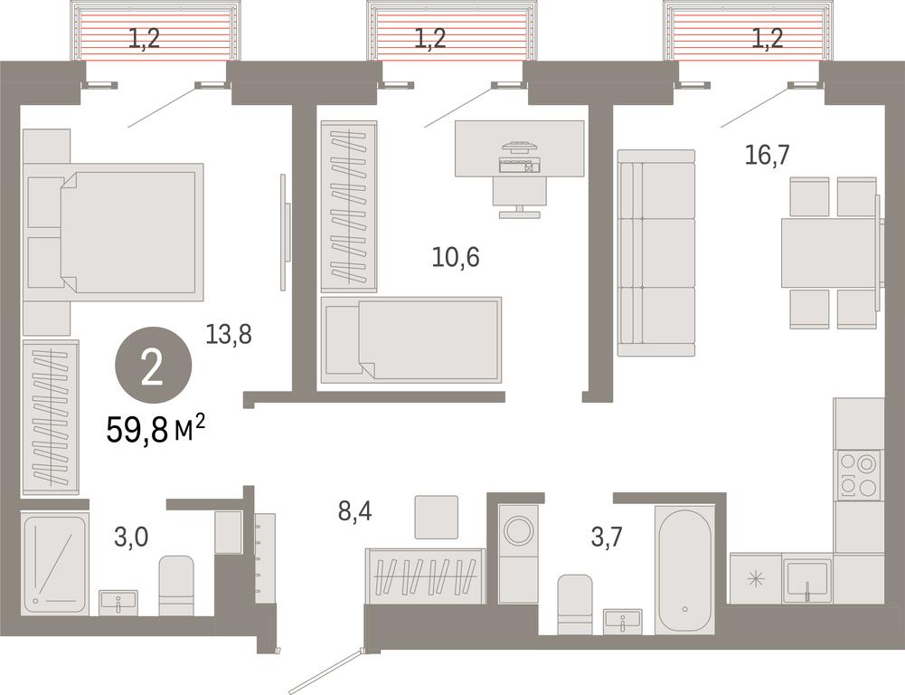 2-BD Apartment Sale, 59.8 sq. m. at Kvartal Metronom, Tagilskaya Street, Moscow, Russia #1