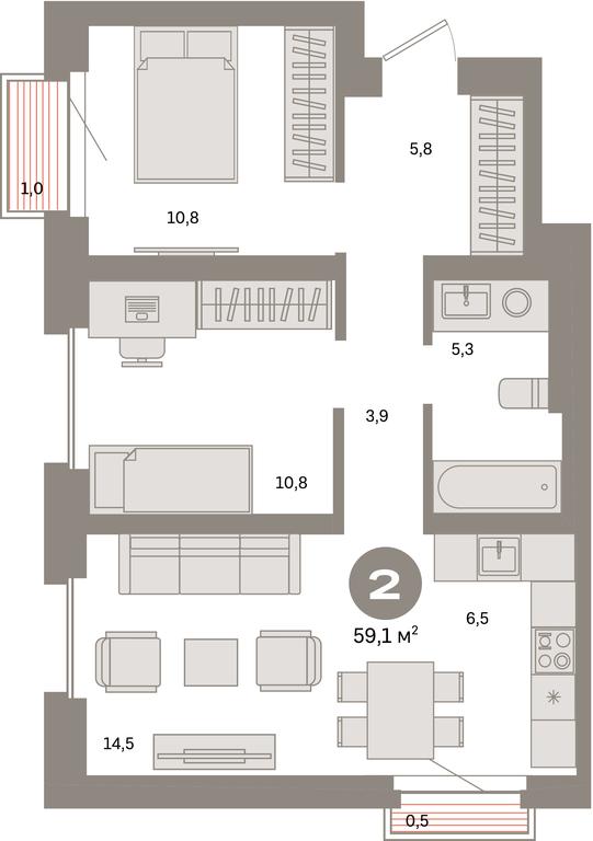 2-BD Apartment Sale, 59.1 sq. m. at Kvartal Metronom, Tagilskaya Street, Moscow, Russia #1