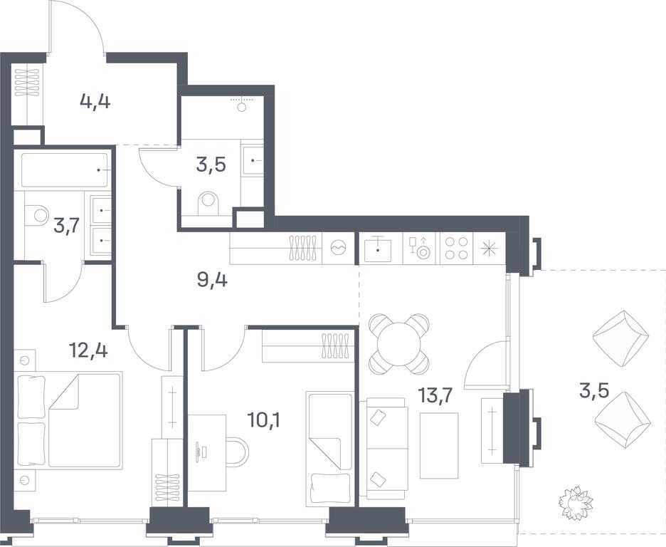 2-BD Apartment Sale, 60.7平方米 at Portland, Yuzhnoportovaya Street, 42с5, Moscow, Russia #2