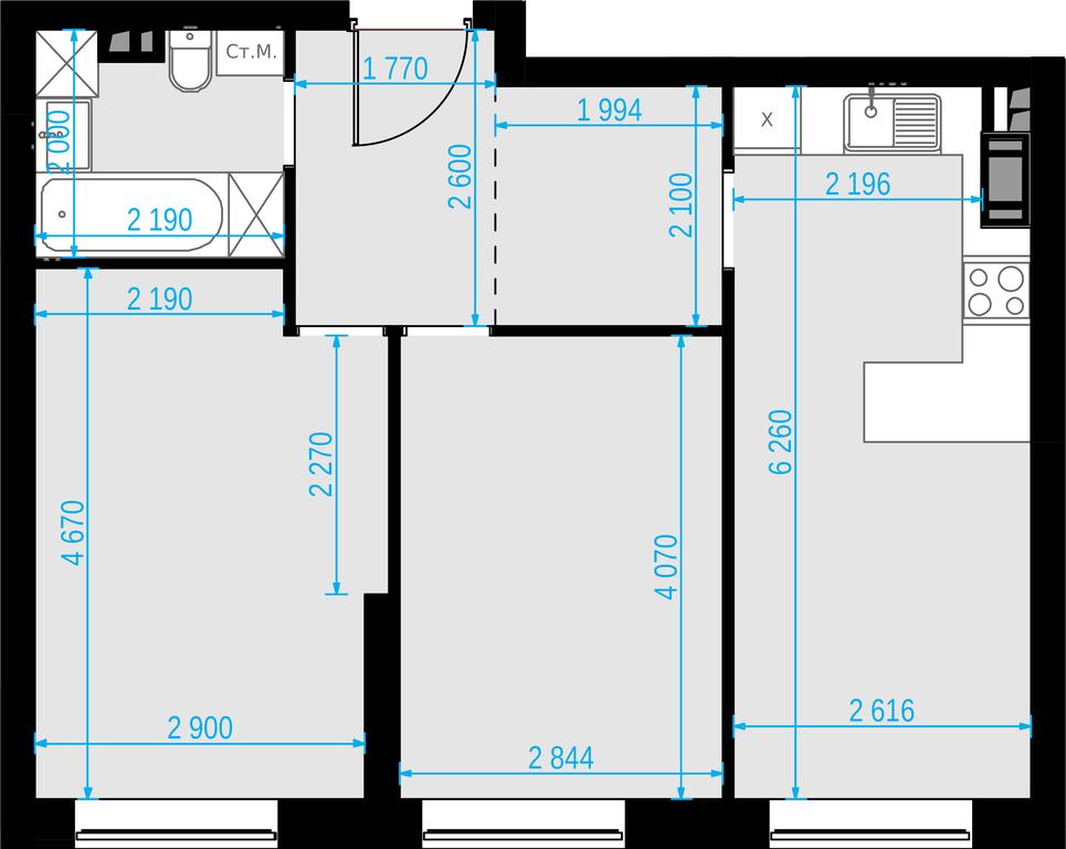2-BD Apartment Sale, 55.4平方米 at Malevich, Otradnaya Street, 8, Moscow, Russia #1