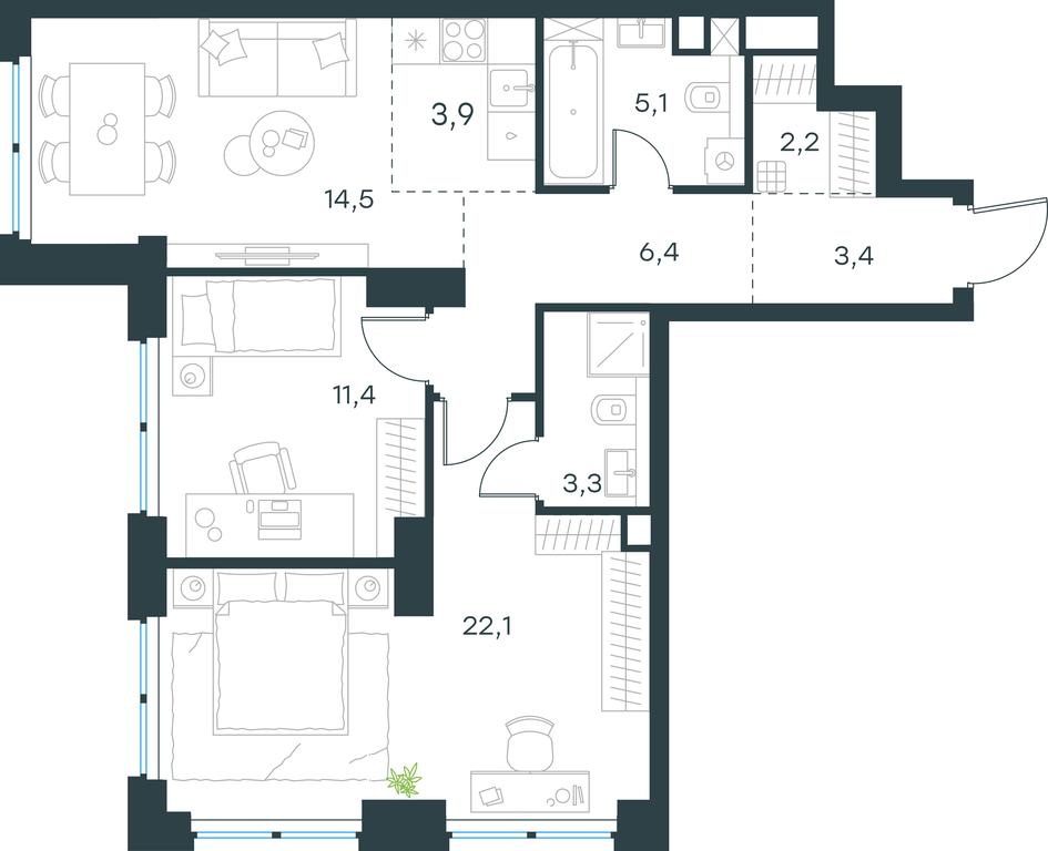 2-BD Apartment Sale, 72.3平方米 at Level Zvenigorodskaya, 3rd Silikatny Drive, 6к1, Moscow, Russia #1