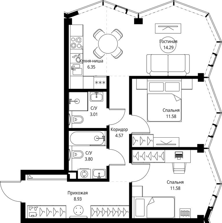 2-BD Apartment Sale, 64.11平方米 at MIRA, Mira Avenue, Moscow, Russia #1