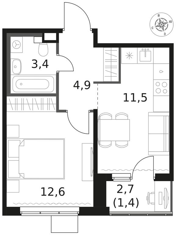 1-BD Apartment Sale, 33.8 sq. m. at 1 Himkinskij, zhiloy kompleks 1-y Khimkinskiy, kvartal Mezhdunarodny, mikrorayon Klyazma-Starbeyevo, Khimki, Moscow Region, Russia #1