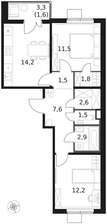 2-BD Apartment Sale, 57.4 sq. m. at 1 Himkinskij, zhiloy kompleks 1-y Khimkinskiy, kvartal Mezhdunarodny, mikrorayon Klyazma-Starbeyevo, Khimki, Moscow Region, Russia #1