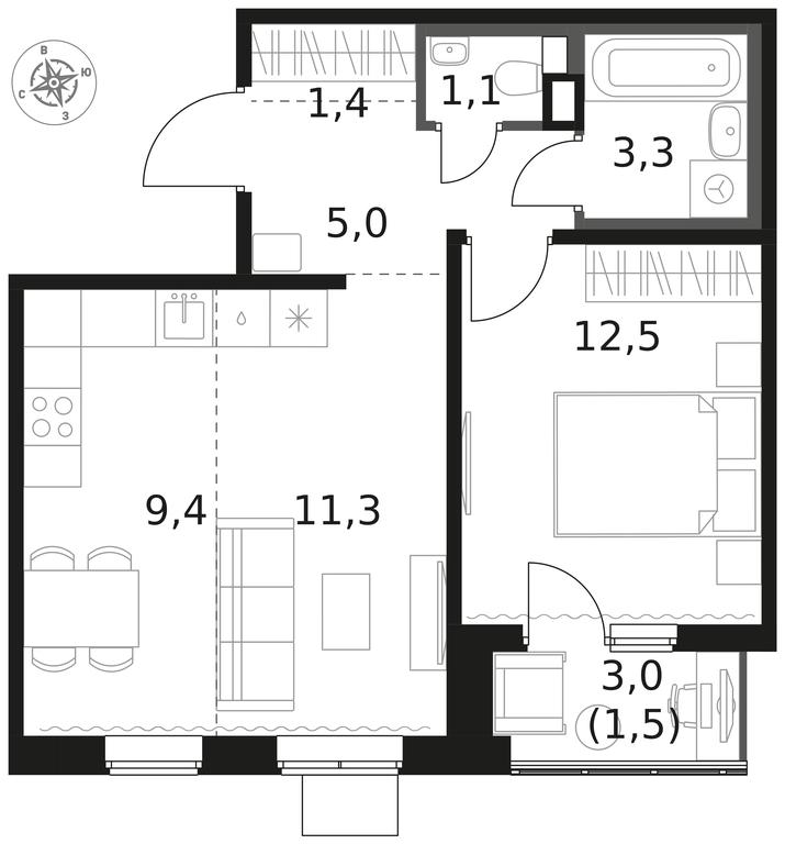 2-BD Apartment Sale, 45.5 sq. m. at 1 Himkinskij, zhiloy kompleks 1-y Khimkinskiy, kvartal Mezhdunarodny, mikrorayon Klyazma-Starbeyevo, Khimki, Moscow Region, Russia #1