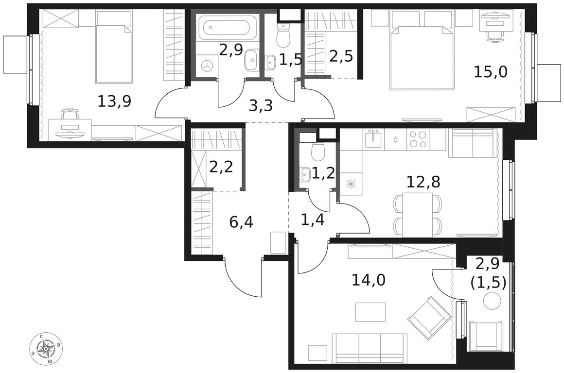 3-BD Apartment Sale, 78.6平方米 at 1 Himkinskij, zhiloy kompleks 1-y Khimkinskiy, kvartal Mezhdunarodny, mikrorayon Klyazma-Starbeyevo, Khimki, Moscow Region, Russia #1