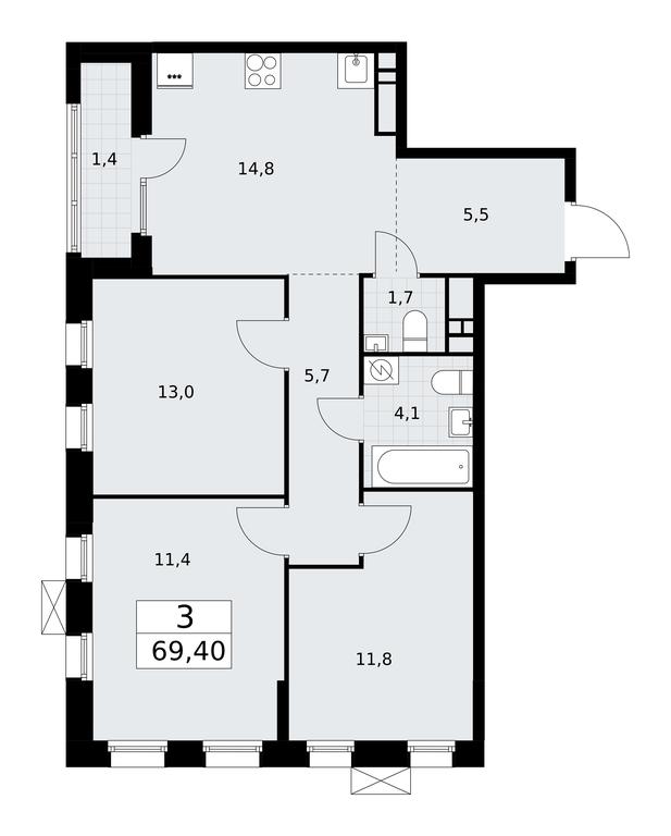 2-BD Apartment Sale, 69.4 sq. m. at Dzen-Kvartaly, ulitsa Aleksandry Monakhovoy, 2/3, Sosenskoye Settlement, Moscow, Russia #1