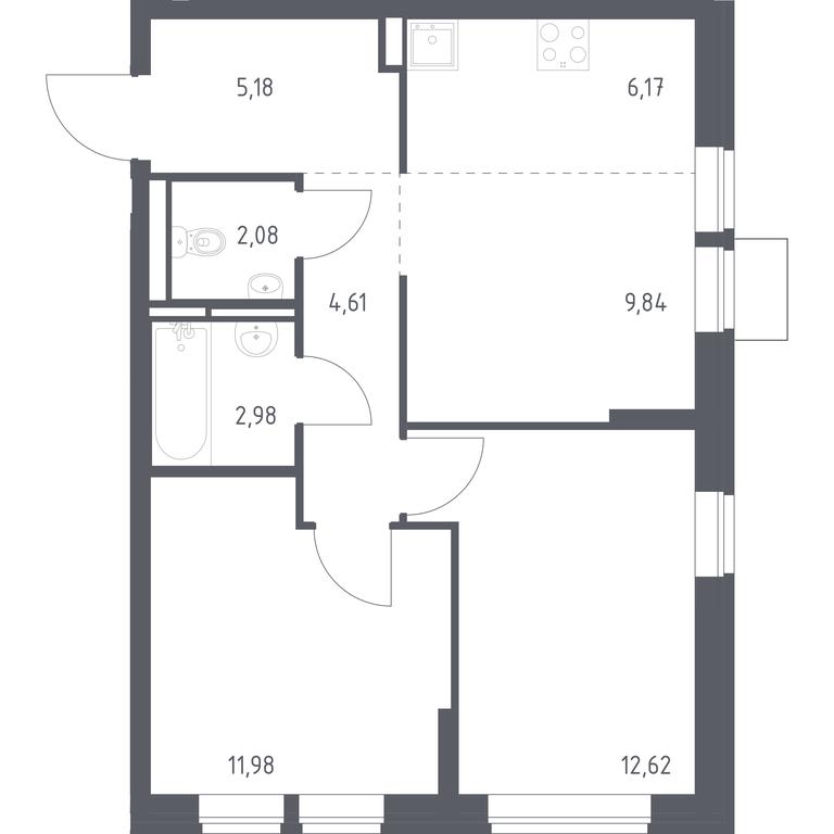 1-BD Apartment Sale, 55.46 sq. m. at Bogdanovskiy Les, derevnya Bogdanikha, Leninskiy City District, Moscow Region, Russia #1