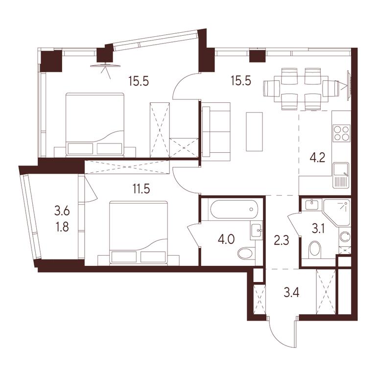 2-BD Apartment Sale, 61.3 sq. m. at INDY TOWERS (Indi Tauerz), Kuusinen Street, Moscow, Russia #1