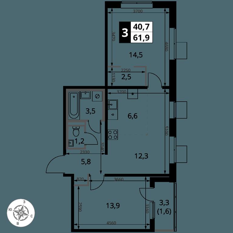 3-BD Apartment Sale, 61.9 sq. m. at 1 Yasenevskij, Kvartal № 24, Mosrentgen Settlement, Moscow, Russia #1