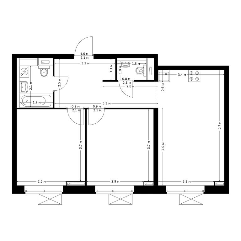 2-BD Apartment Sale, 61.5平方米 at Poliarnaya 25, Polyarnaya Street, 27к1, Moscow, Russia #2
