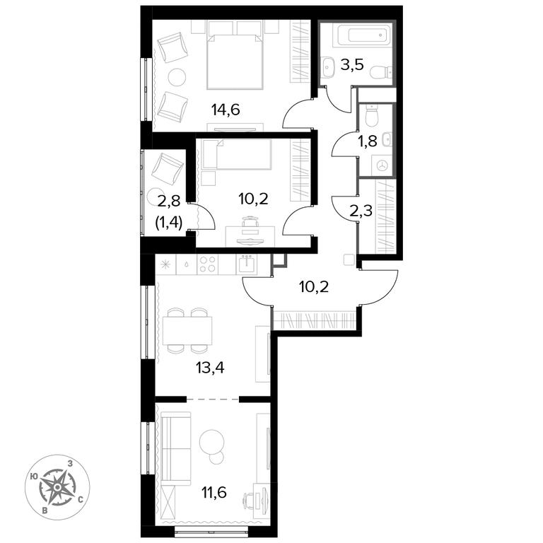 3-BD Apartment Sale, 69.6 sq. m. at Yzhnaya Bitsa, Yuzhnaya Bitsa Residential Complex, posyolok Bittsa, Leninskiy City District, Moscow Region, Russia #1