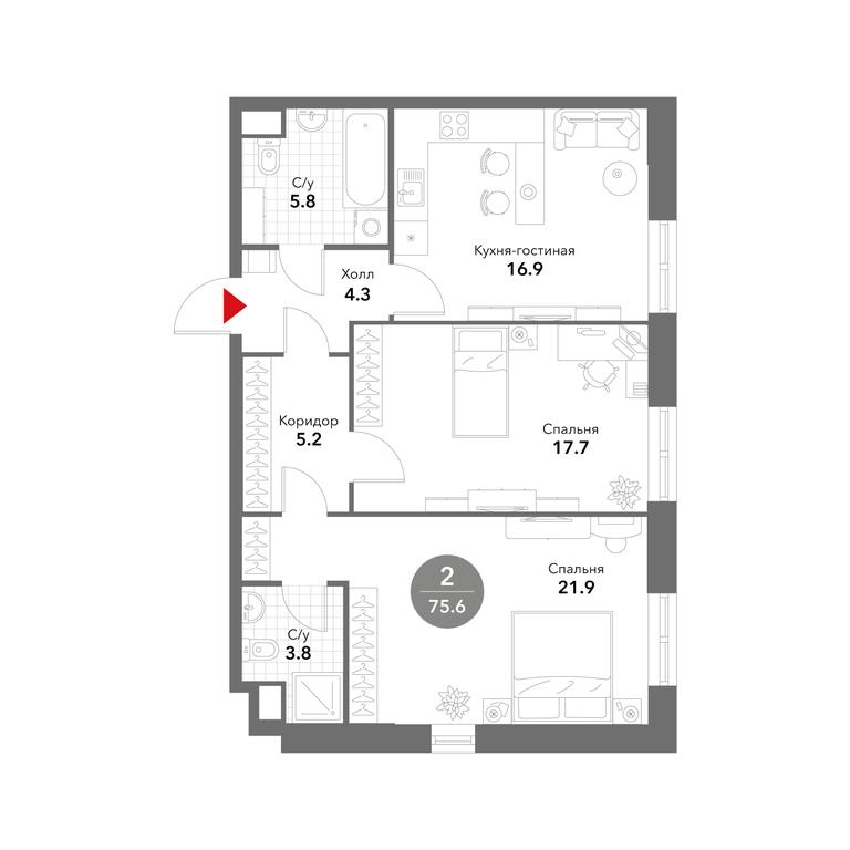 2-BD Apartment Sale, 75.8平方米 at Voxhall, Letnikovskaya Street, 4с2, Moscow, Russia #1